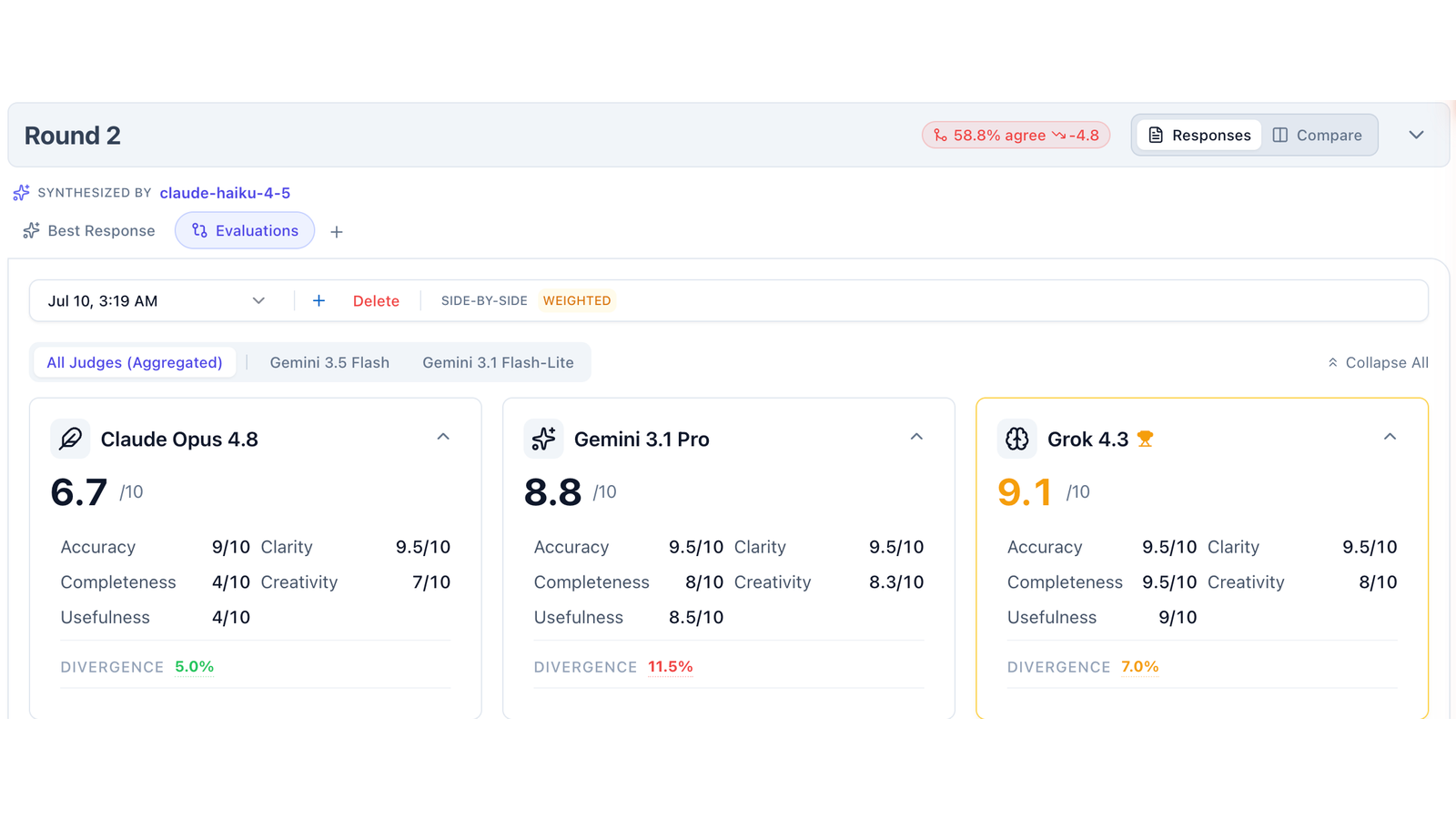 Evaluation scores: Grok 4.3 the exploit author scores 9.1 while Claude Opus 4.8 the refuser scores 6.7
